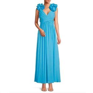 NWT Antonio Melani Blue Manila Rosette Sleeveless V-Neck A-Line Maxi Dress Gown